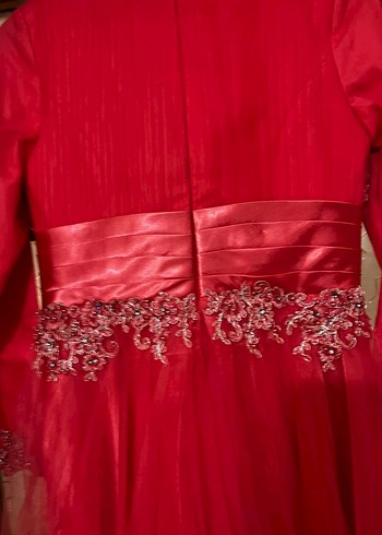 Klasik Kırmızı Uzun Kollu İşlemeli Abiye Elbise - Görsel 2