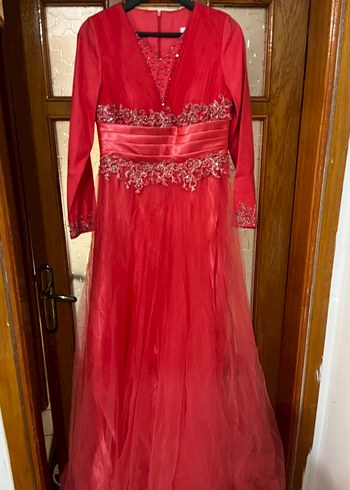 Klasik Kırmızı Uzun Kollu İşlemeli Abiye Elbise - Görsel 3