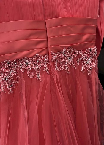 Klasik Kırmızı Uzun Kollu İşlemeli Abiye Elbise - Görsel 10