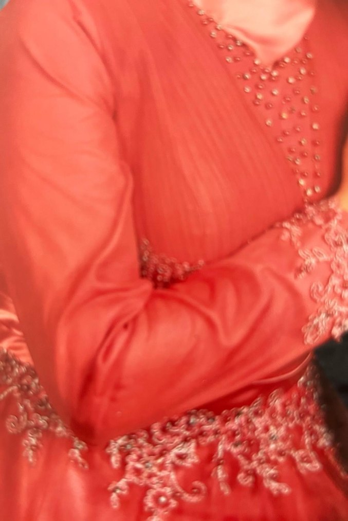 Klasik Kırmızı Uzun Kollu İşlemeli Abiye Elbise - Görsel 5