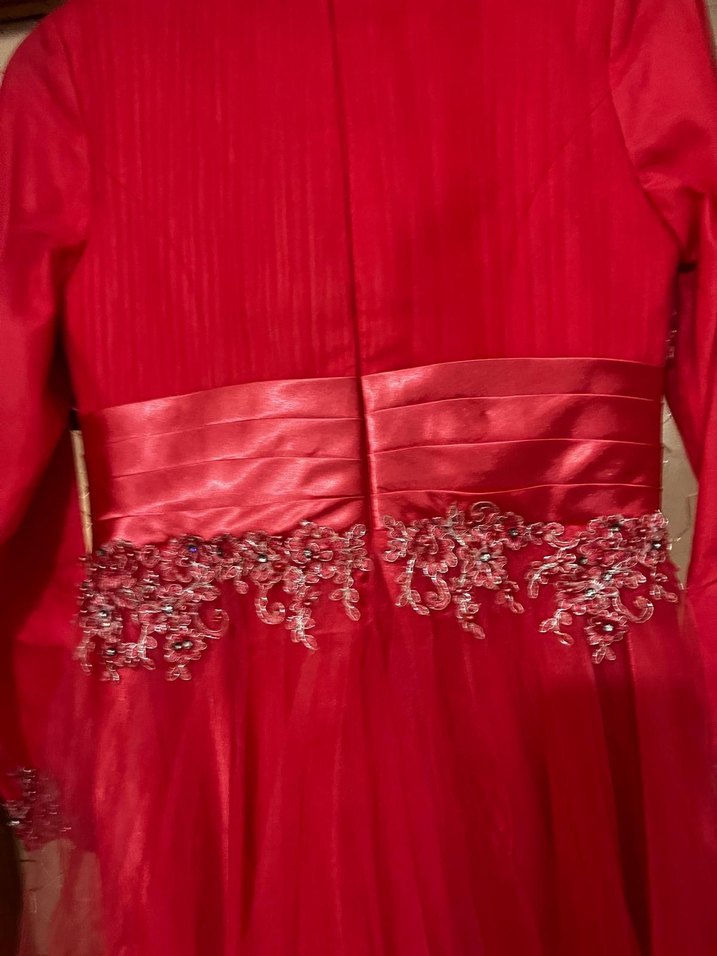 Klasik Kırmızı Uzun Kollu İşlemeli Abiye Elbise - Görsel 2