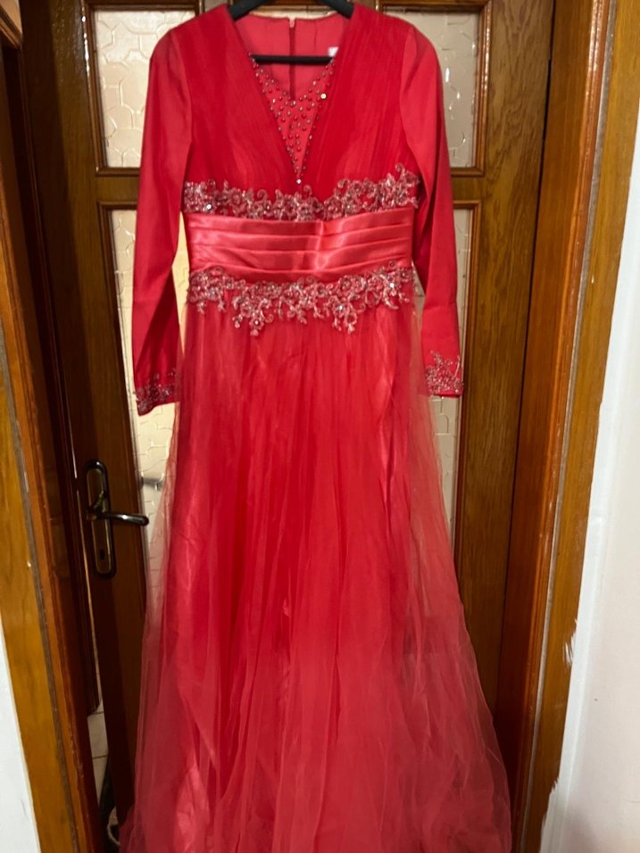 Klasik Kırmızı Uzun Kollu İşlemeli Abiye Elbise - Görsel 3