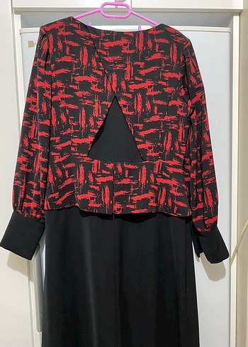 Kırmızı Siyah Desenli Uzun Kollu Abiye - Görsel 2