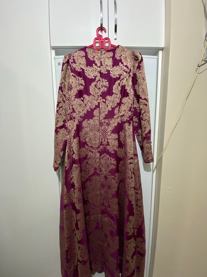 Bordo Uzun Kollu Vintage Kadın Elbise - Görsel 3