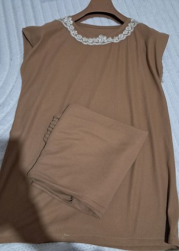 Bej Keten Uzun Hamile Tuniği takım - Görsel 2