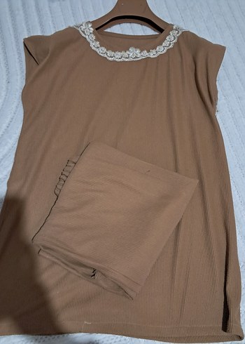 Bej Keten Uzun Hamile Tuniği takım - Görsel 3