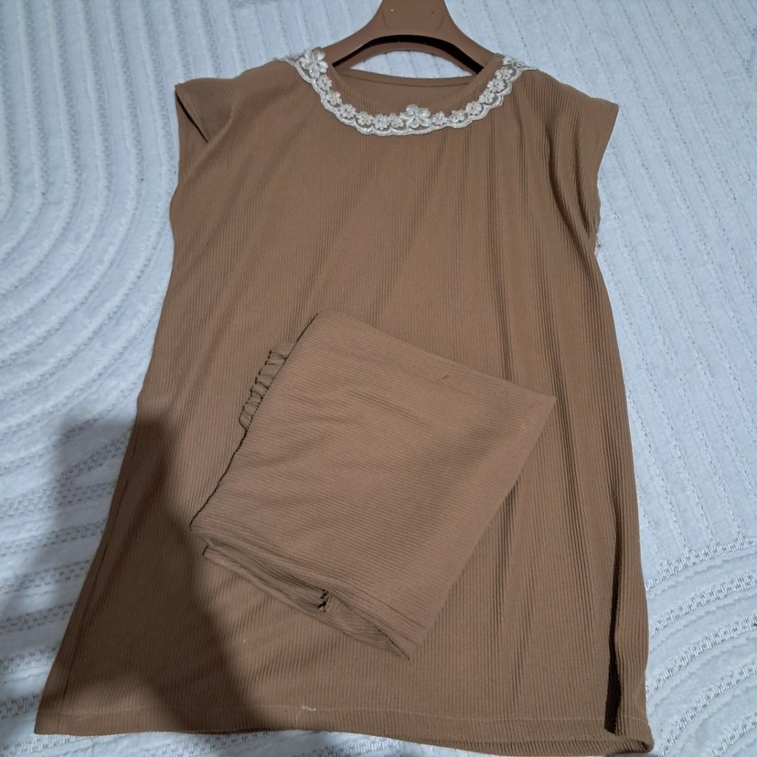 Bej Keten Uzun Hamile Tuniği takım - Görsel 2