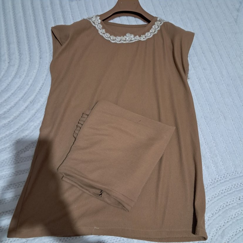 Bej Keten Uzun Hamile Tuniği takım - Görsel 3