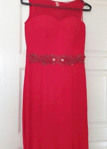 Kırmızı İşlemeli Uzun Abiye Elbise - Görsel 2