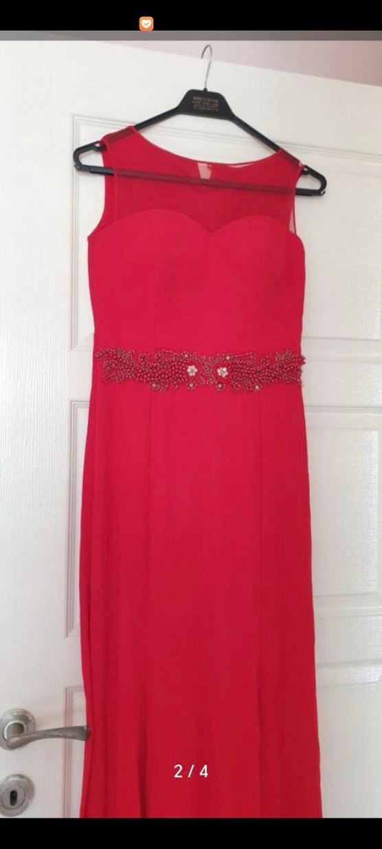 Kırmızı İşlemeli Uzun Abiye Elbise - Görsel 2