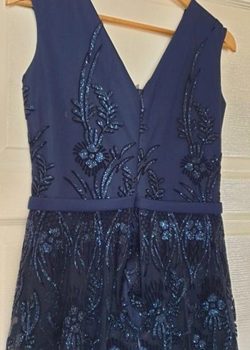 Lacivert V Yaka Nakışlı Uzun Abiye Elbise - Görsel 4