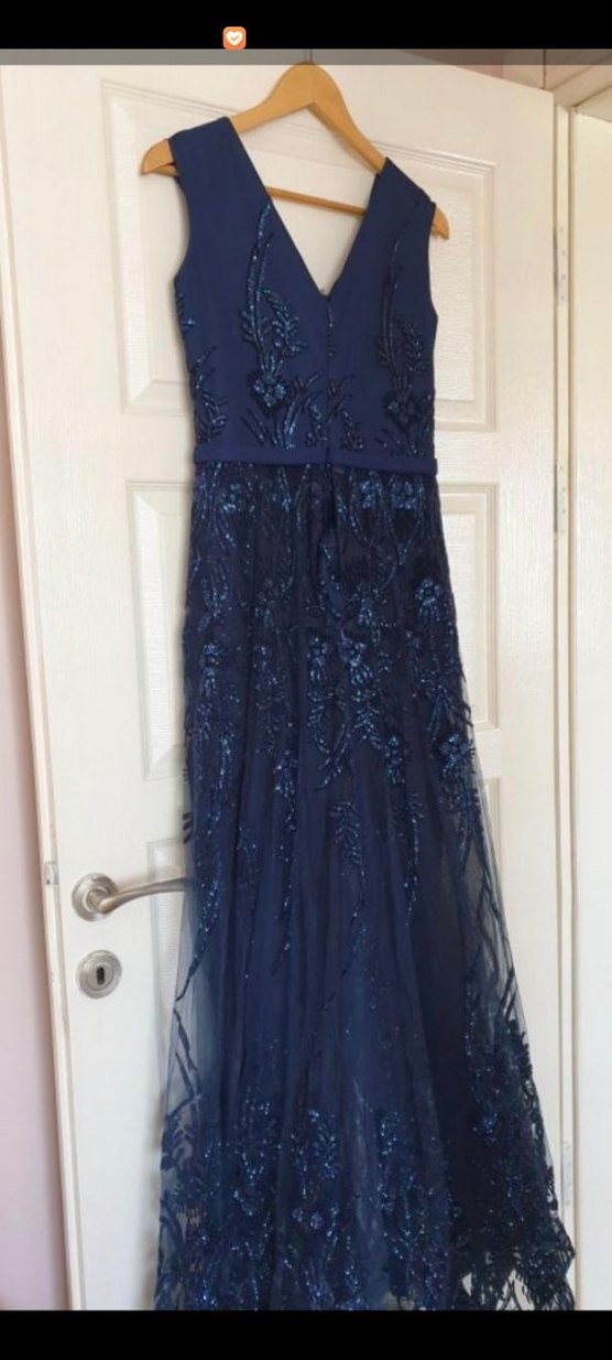 Lacivert V Yaka Nakışlı Uzun Abiye Elbise - Görsel 3