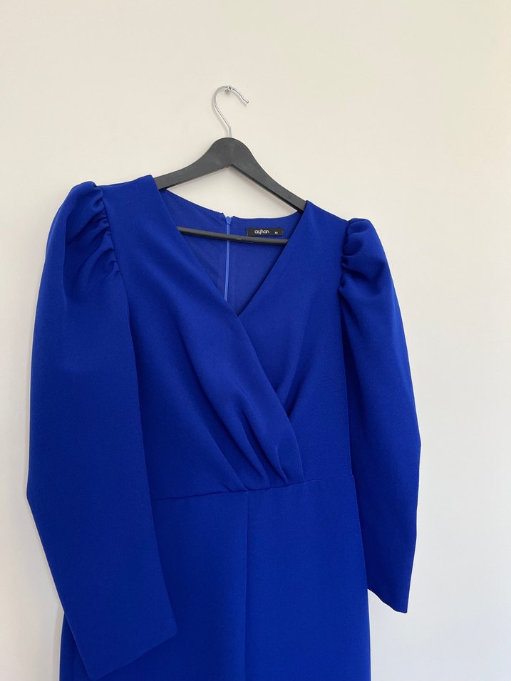 Kadın Mavi V-Yaka Uzun Kollu elbise - Görsel 4