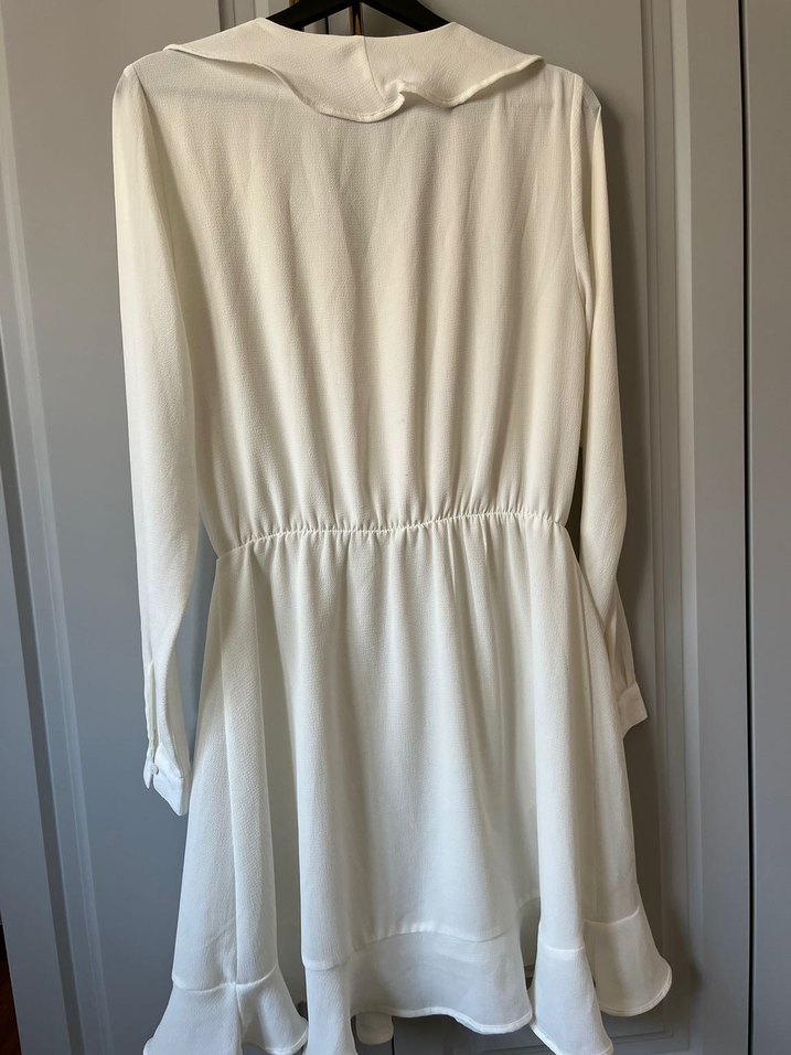 Beyaz V Yaka Fırfırlı Midi Elbise - Görsel 4