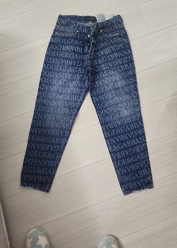 Lacivert Baskılı Loose Fit Midi Kot Pantolon