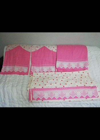 Nakışlı Pembe Nevresim ve Çarşaf Takımı el işi dantel - Görsel 2