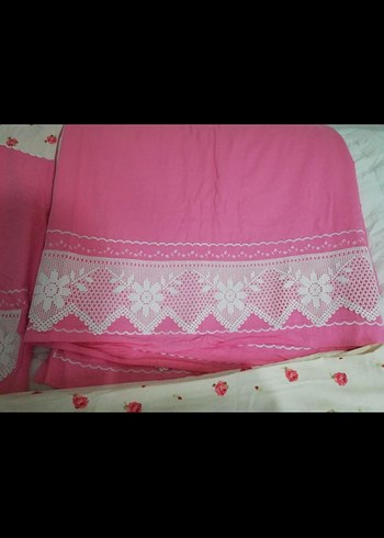 Nakışlı Pembe Nevresim ve Çarşaf Takımı el işi dantel - Görsel 3