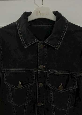 Siyah erkek Denim Ceket, Düğmeli, İnce Kesim - Görsel 3