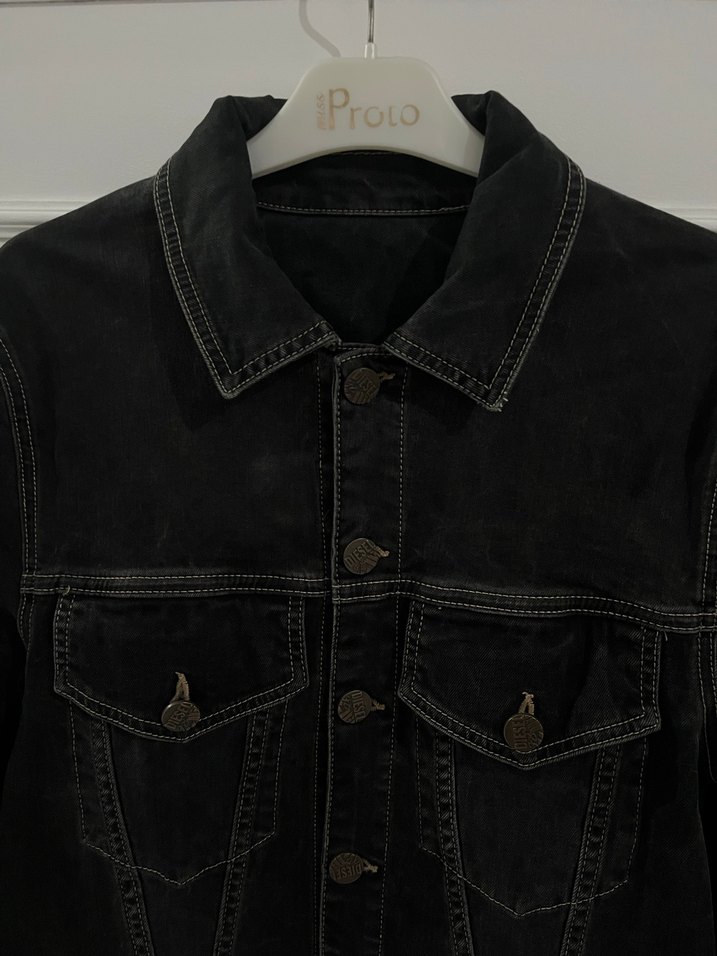 Siyah erkek Denim Ceket, Düğmeli, İnce Kesim - Görsel 3