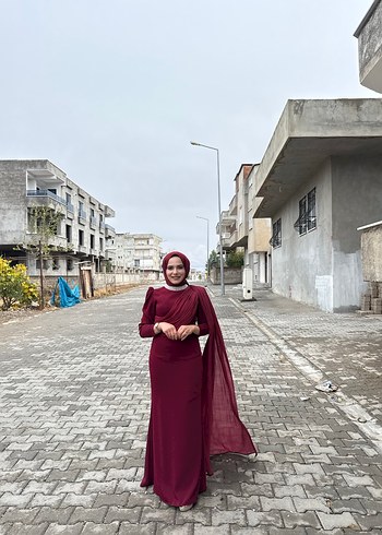 Bordo Uzun Kollu Tesettür Kına Elbisesi - Görsel 2