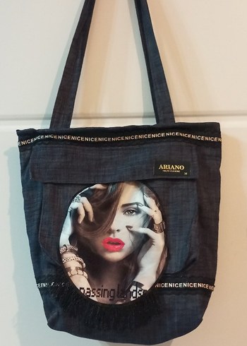 Denim Kadın Çanta, Fermuarlı, Baskılı