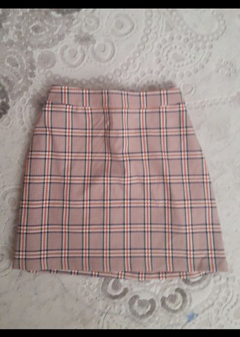 Bej Ekose Pilili Mini Etek