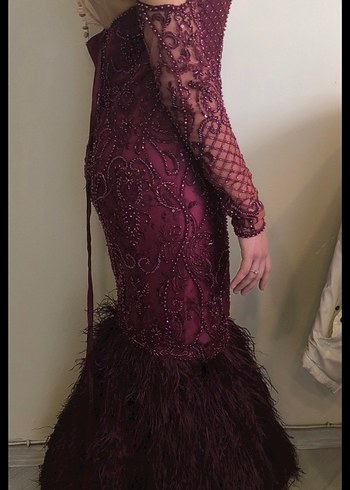 Bordo Uzun Kollu İşlemeli Kadın Abiye Elbise - Görsel 5