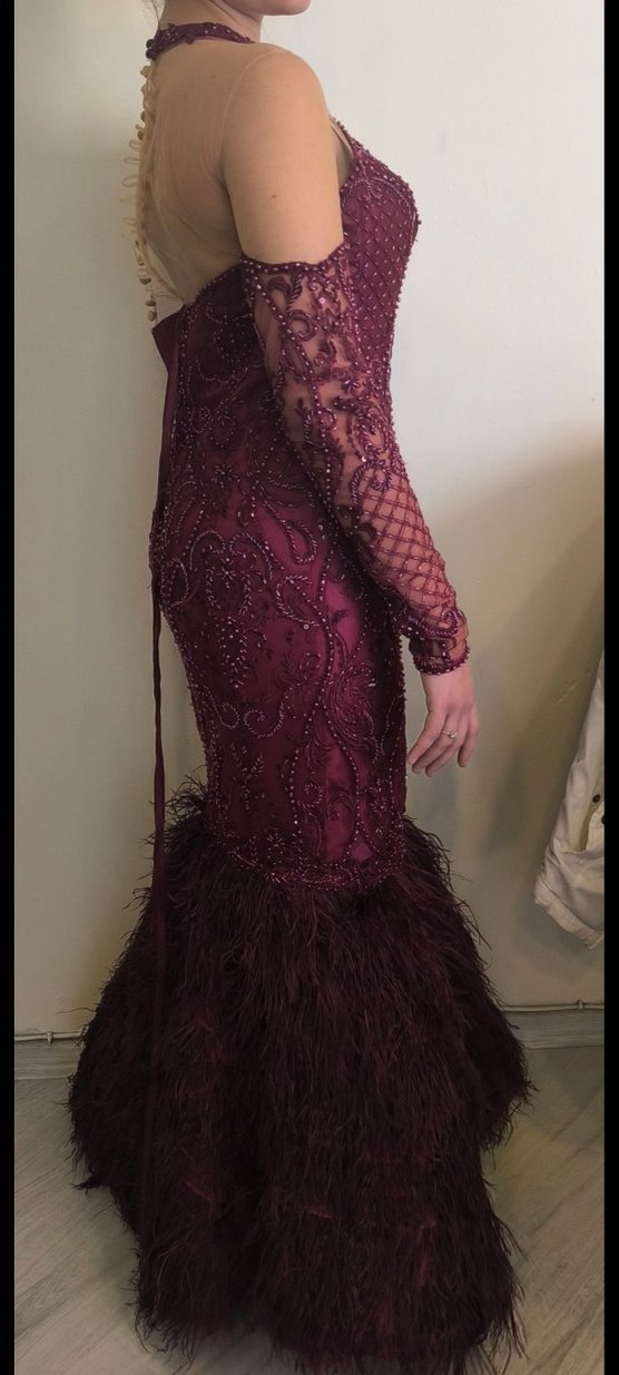 Bordo Uzun Kollu İşlemeli Kadın Abiye Elbise - Görsel 5