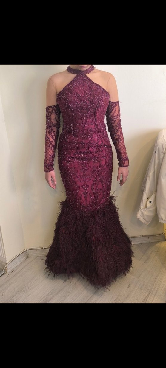 Bordo Uzun Kollu İşlemeli Kadın Abiye Elbise - Görsel 3