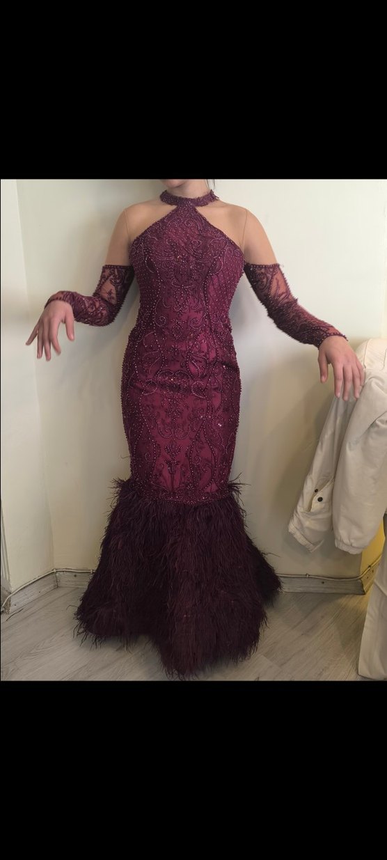 Bordo Uzun Kollu İşlemeli Kadın Abiye Elbise - Görsel 2