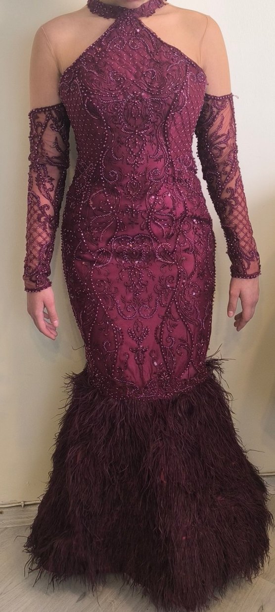 Bordo Uzun Kollu İşlemeli Kadın Abiye Elbise - Görsel 4