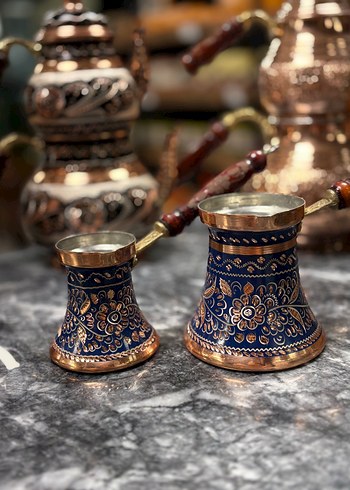 El İşlemeli Bakır Türk Kahvesi Cezvesi Set Halinde