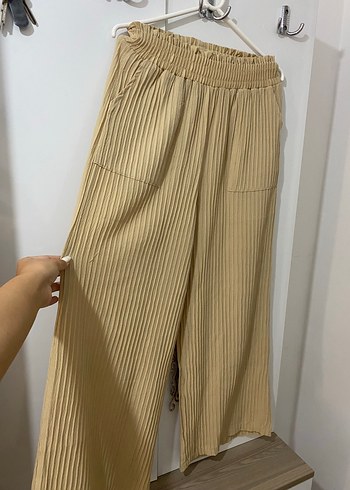 Diğer Bej Pliseli Midi Keten Kadın Pantolon