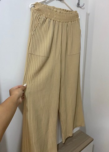 Bej Pliseli Midi Keten Kadın Pantolon