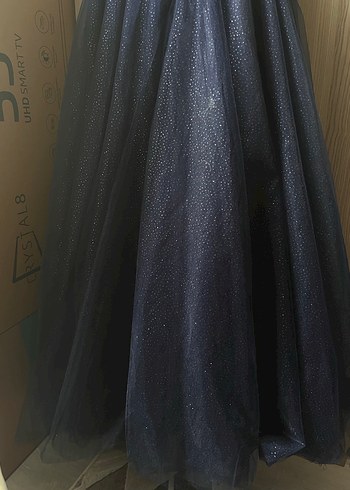 Straplez Lacivert İşlemeli Uzun Abiye - Görsel 6