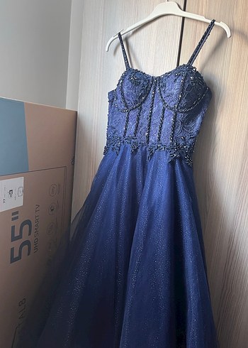 Straplez Lacivert İşlemeli Uzun Abiye - Görsel 8