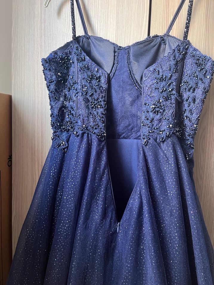 Straplez Lacivert İşlemeli Uzun Abiye - Görsel 4