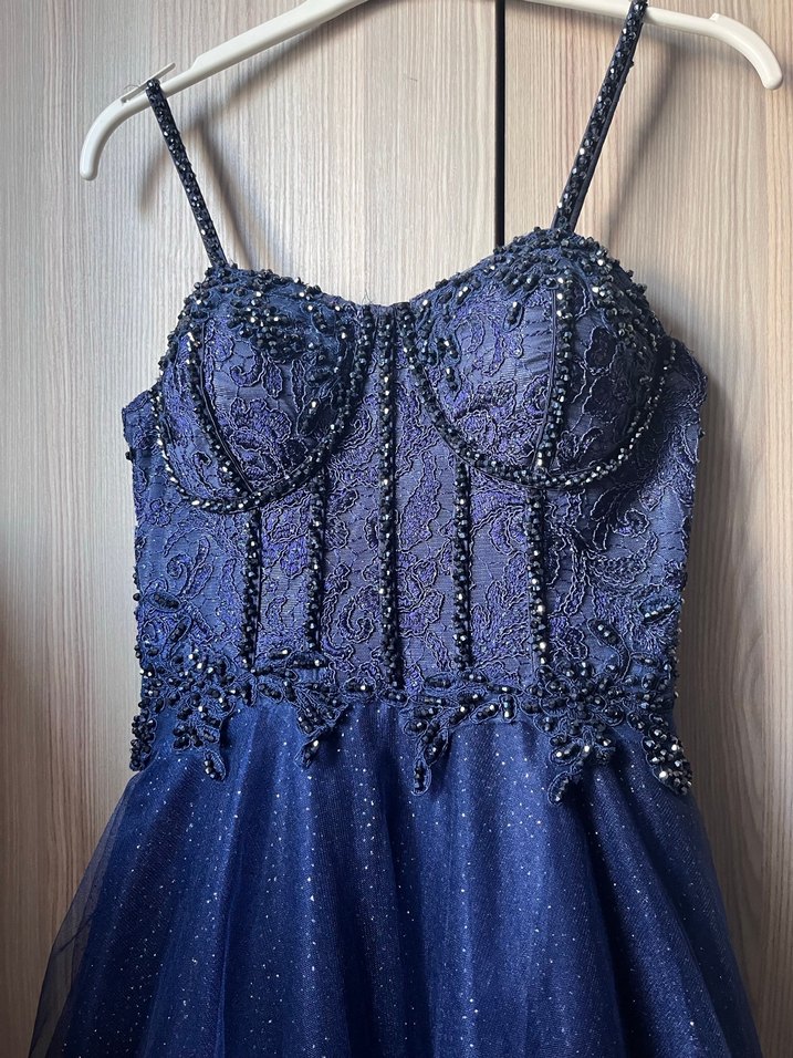 Straplez Lacivert İşlemeli Uzun Abiye - Görsel 2