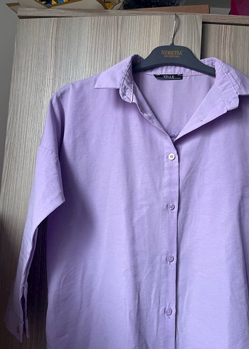 Düğmeli Lila Kadın Keten Gömlek - Görsel 3