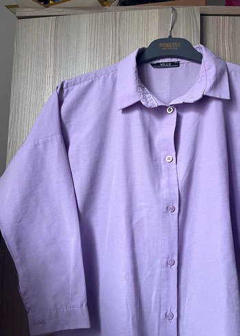 Düğmeli Lila Kadın Keten Gömlek - Görsel 2