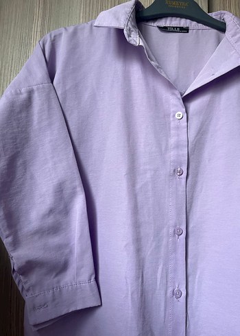 Düğmeli Lila Kadın Keten Gömlek - Görsel 4