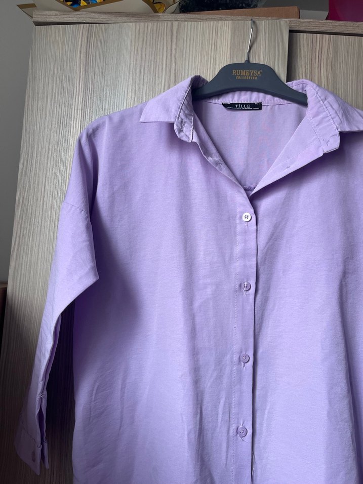 Düğmeli Lila Kadın Keten Gömlek - Görsel 3