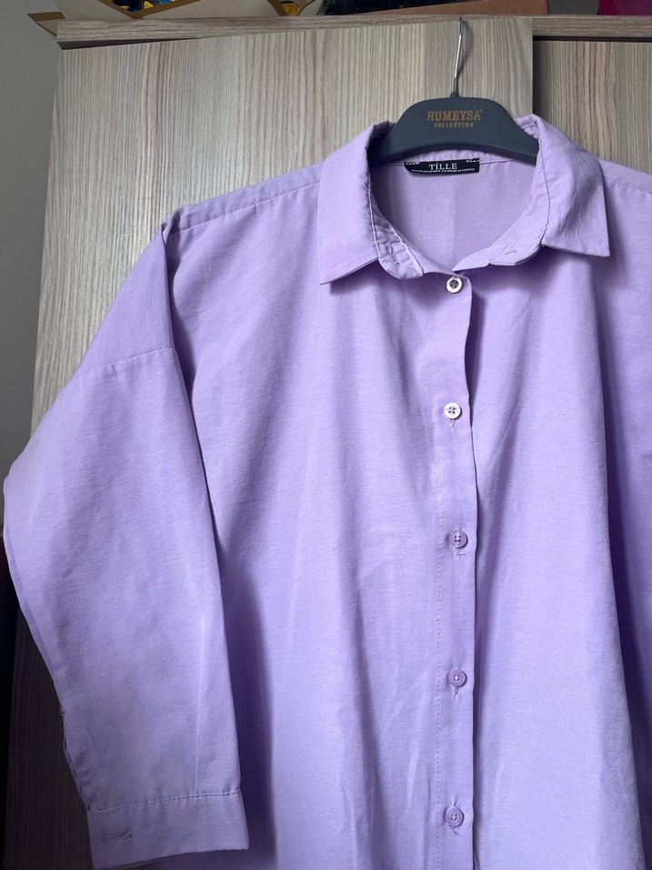Düğmeli Lila Kadın Keten Gömlek - Görsel 2