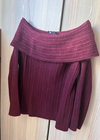 Bordo Kayık Yaka Örgü Kadın Kazak - Görsel 3