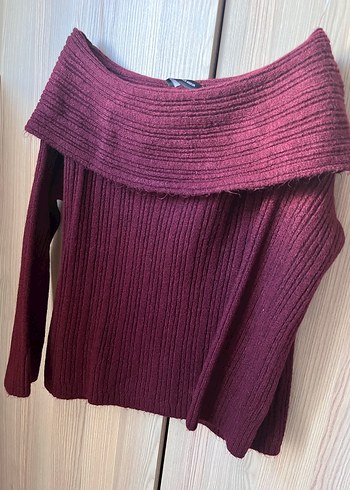 Bordo Kayık Yaka Örgü Kadın Kazak - Görsel 2