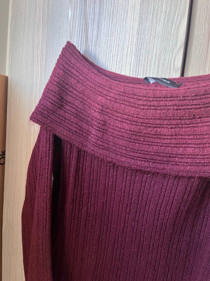 Bordo Kayık Yaka Örgü Kadın Kazak - Görsel 4