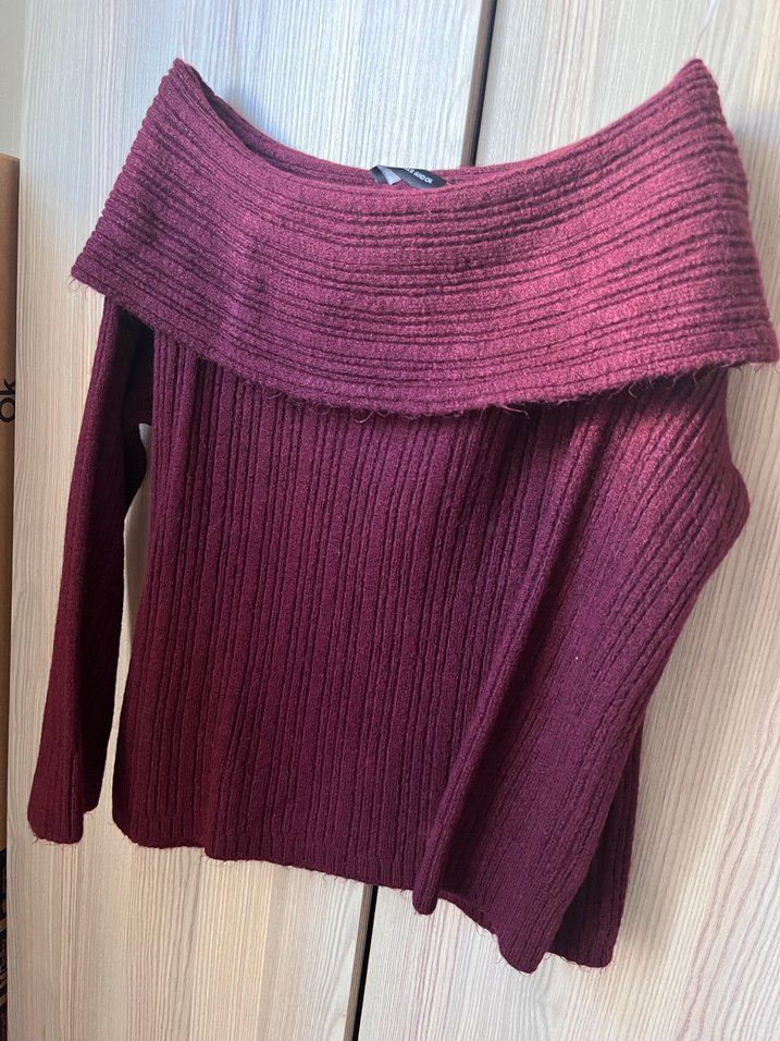 Bordo Kayık Yaka Örgü Kadın Kazak - Görsel 2