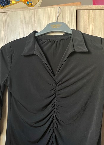 Kadın Siyah Uzun Kollu Pilili V Yaka Bluz - Görsel 3