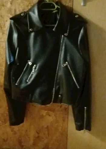 Siyah Deri Kadın Biker Ceket - Görsel 3