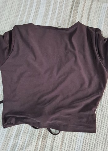 s Beden Kahverengi V Yaka Kısa Kollu Crop Top